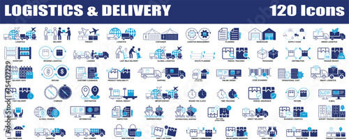 Logistics and Delivery Colorful icon set. Editable Set of 120 Delivery and Logistics web icons in line & fill style. High quality business icon set of Logistics photo