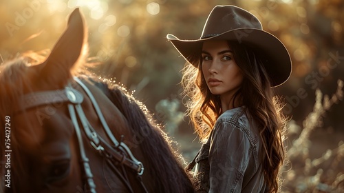 A young model woman prepares for her sunset horse ride in the summer time