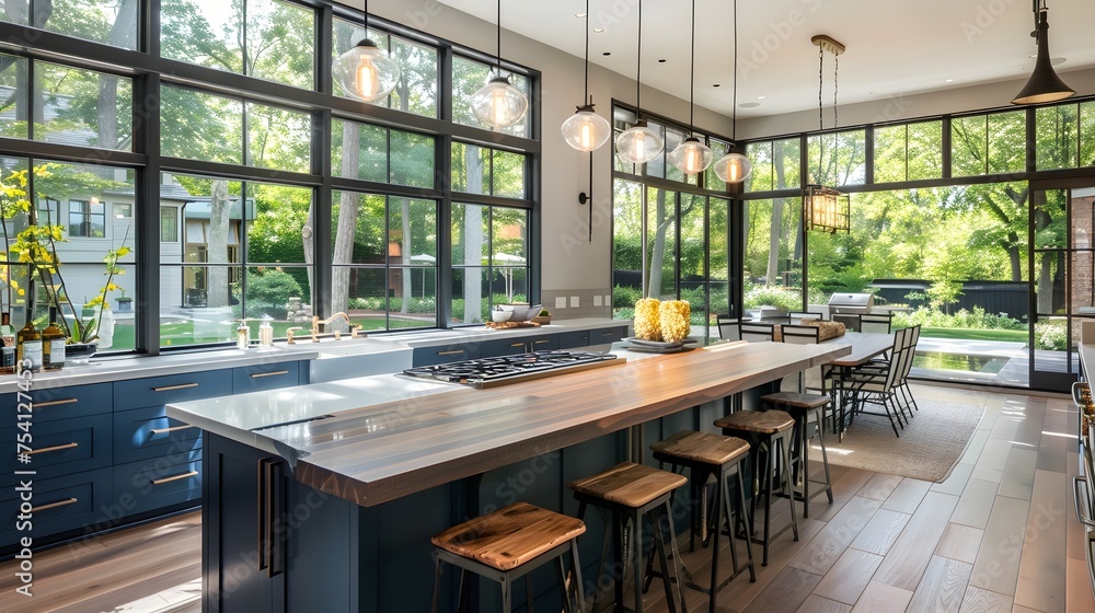 Elegant Modern Farmhouse Kitchen with Navy Cabinets Basking in Natural Light and Forest View