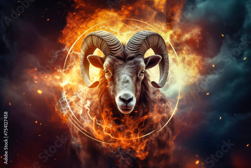 A ram with massive horns stands in front of a blazing fire