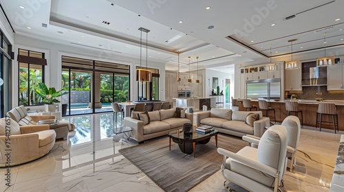 Opulent Miami Living Room and Kitchen with Marble Floors and Large Windows, To showcase a prestigious and luxurious living space in a Miami home,