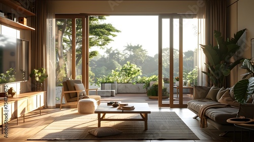 Spacious Living Room with Large Windows Overlooking Lush Greenery, To showcase a harmonious and tranquil living space that highlights the beauty of
