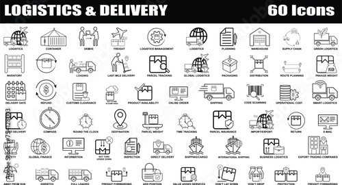 Logistics and Delivery black & white icon set. Editable Set of 60 Delivery and Logistics web icons in line style. High quality business icon set of Logistics