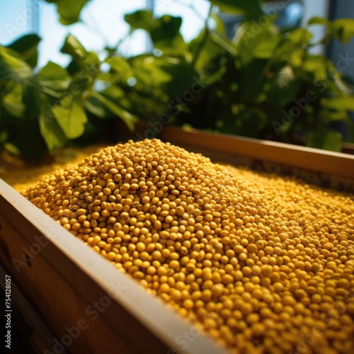 Golden Soybeans Heap in Wooden Crate at Farm