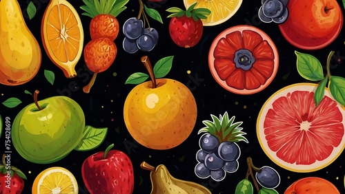 Realistic drawings of various types of fruits