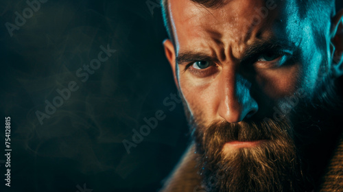 Face of a brutal bearded man. A handsome, well-groomed young man with a beard and mustache. A serious look.
