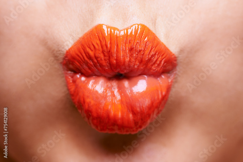 Quadro em tela Lipstick, beauty and mouth of woman with kiss for makeup, cosmetics and products on background