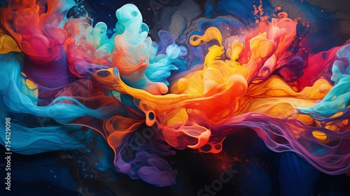 Abstract paint swirls in water, vibrant colors, fluid art