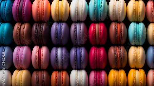 Brightly colored macarons, neatly arranged, sweet simplicity