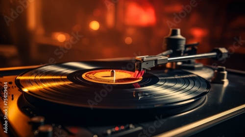 Close-up of a vinyl record, grooves and details, retro music vibe