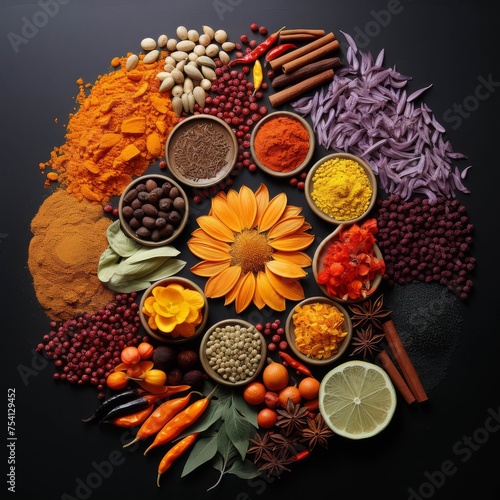 Colorful spices arranged in an artistic pattern, culinary art in vivid hues.