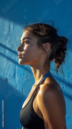 Female Fitness Model Profile Blue Background © Custom Media