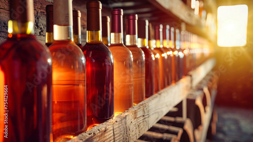Row of Wine Bottles on Wooden Shelf