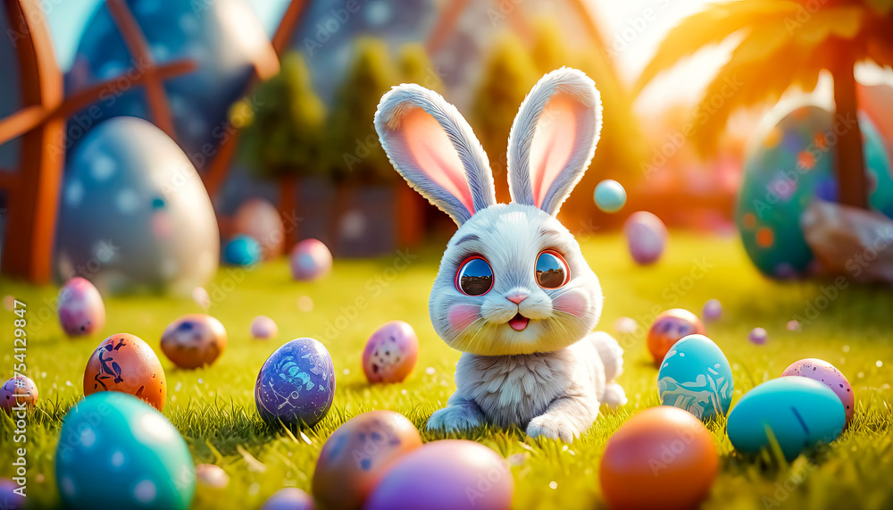 A cute and cheerful Easter bunny sits on a green lawn surrounded by Easter eggs and sweets A cute and cheerful Easter bunny sits on a green lawn surrounded by Easter eggs and sweets