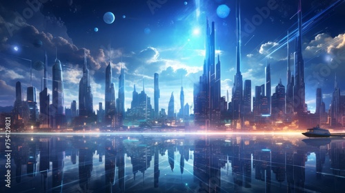 Futuristic cityscape with holographic elements and cybernetic designs