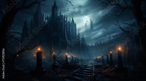 Gothic cathedral in a moonlit forest  mysterious and solemn
