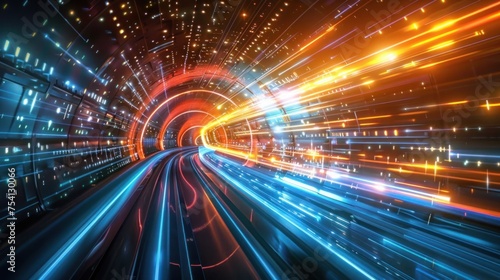 Abstract futuristic background tunnel with yellow blue glowing neon lines and flare lights. Limitless possibilities and horizons of IT technology in the future. Speed of light at work