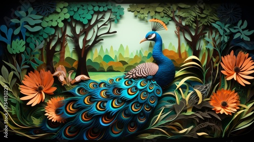 Paper cut peacock in a forest glade, vibrant feathers, serene setting
