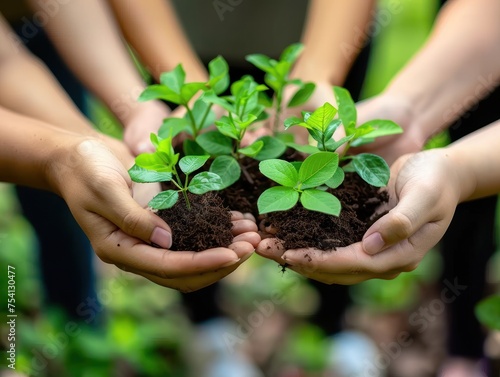 A group of people are holding up small plants in their hands. The plants are green and appear to be young. The people seem to be working together to nurture and care for the plants