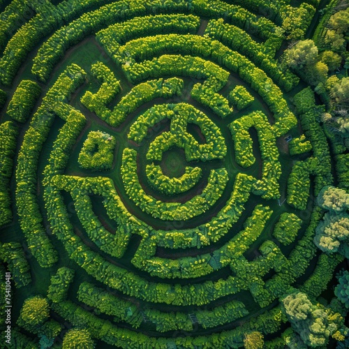 A maze is shown from above  with trees and bushes surrounding it. The maze is green and he is quite large