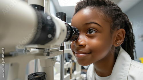 A male ophthalmologist checks the eyesight of a preschooler girl for an annual examination. photo