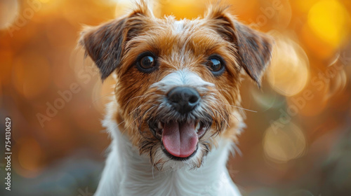 A happy dog at veterinary clinic blurred background.