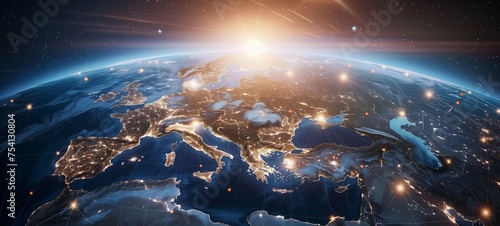 Digital world map focused on Europe with glowing connections and city lights, depicting global data exchange and communication. The image features a sunrise and space as the backdrop