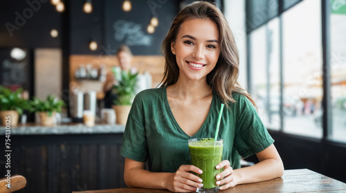beautiful smiling girl with a green smoothie cocktail sitting at table in cafe, healthy eating and diet