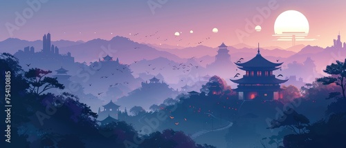 Mystical Sunrise Over Ancient Asian Cityscape