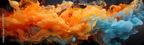 Fiery orange and cool cyan liquids collide with explosive force, resulting in a captivating abstract display that ignites the senses