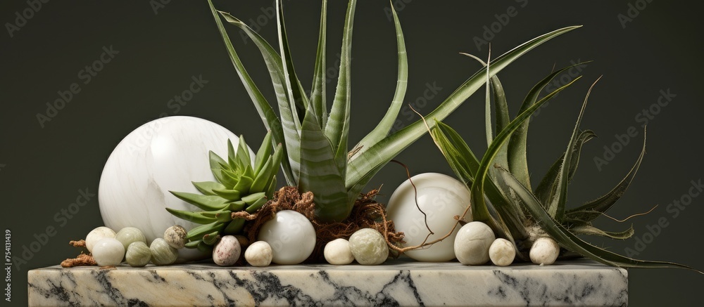 A marble table is adorned with a variety of plants and eggs, creating a simple yet elegant display. The greenery adds a pop of color, while the eggs add a touch of freshness to the setting.