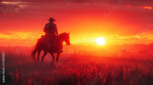 Silhouette of a cowboy riding a horse at sunset. © tong2530