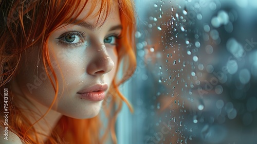 A ginger-haired woman staring out of a rain-streaked window with a deep sense of pessimism, real photo, stock photography ai generative