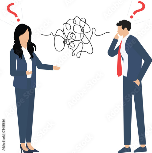 Problems in communication concept, misunderstanding create confusion in work, miscommunicate unclear message and information, businessman and woman have troubles with understanding each other

 photo
