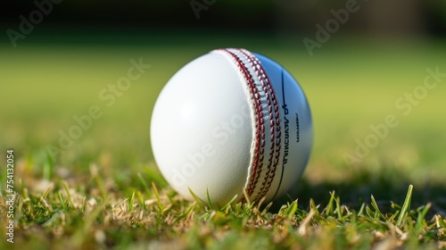 Closeup of a white cricket ball laying on a green grass