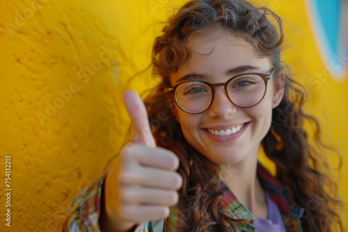 Cheerful Young Student Thumbs Up Yellow Background