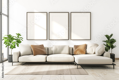 3 empty frames wall art in living room mock up.