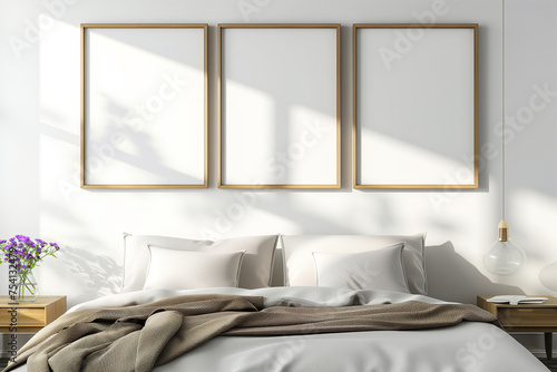 3 empty frames wall art in bedroom mock up.