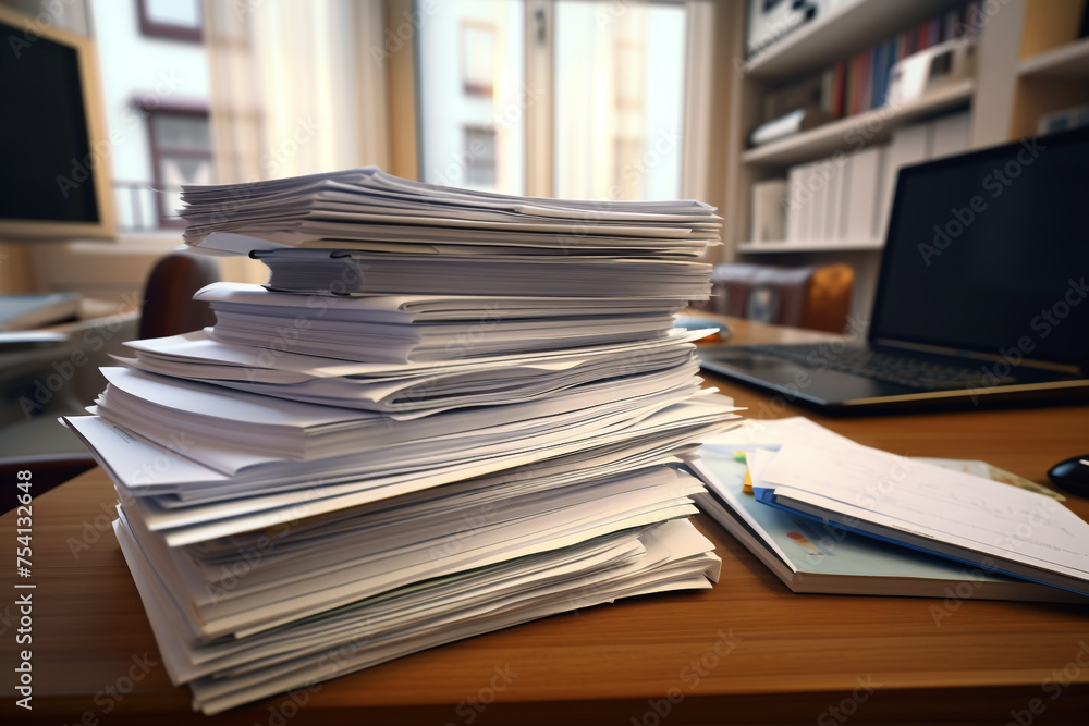Stack of documents with pc lying on the office desk Stack of documents with pc lying on the office desk