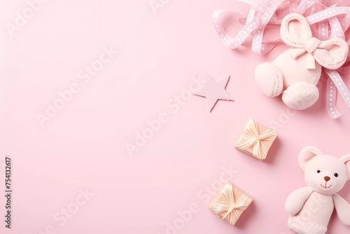 Cute pink baby newborn set of toys, baby wear and gifts. Childrens concept banner with copy space for text. © serdjo13