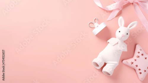 Cute pink baby newborn set of toys, baby wear and gifts. Childrens concept banner with copy space for text.