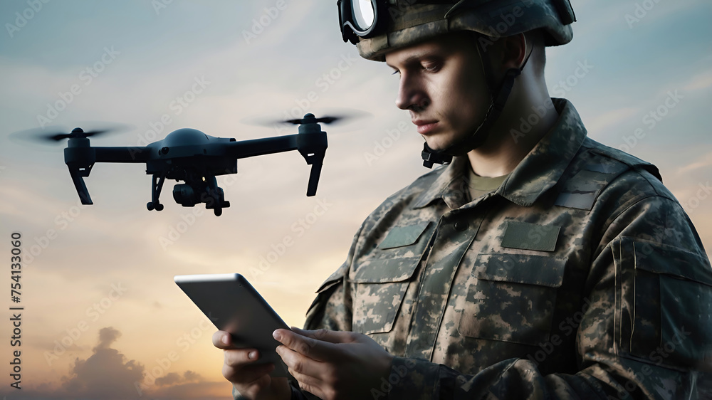 Military drone operator soldier using flying UAV. Scouting during military missions, modern army guidance views enemy positions, reconnaissance, smart war Military drone operator soldier using flying UAV. Scouting during military missions, modern army guidance views enemy positions, reconnaissance, smart war