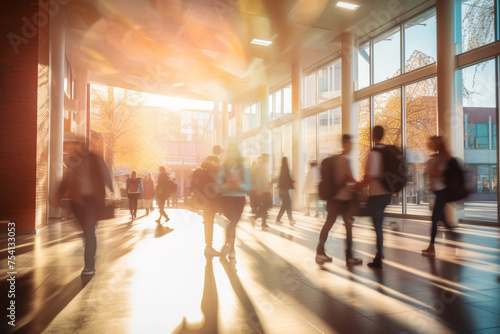 Students walking to class in a university or college environment, Moving crowd motion blurred background photo