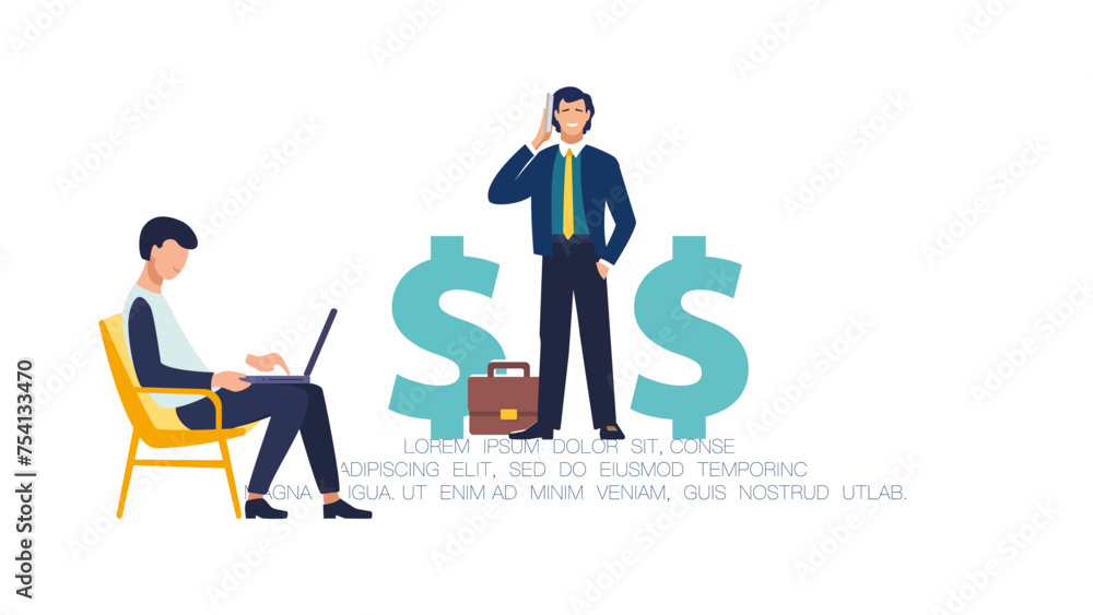 Vector flat illustration. A businessman negotiates finances, an employee works on a laptop. Annual business plan. Banner, presentation, financial savings, business.Business economy, electronic banking Vector flat illustration. A businessman negotiates finances, an employee works on a laptop. Annual business plan. Banner, presentation, financial savings, business.Business economy, electronic banking