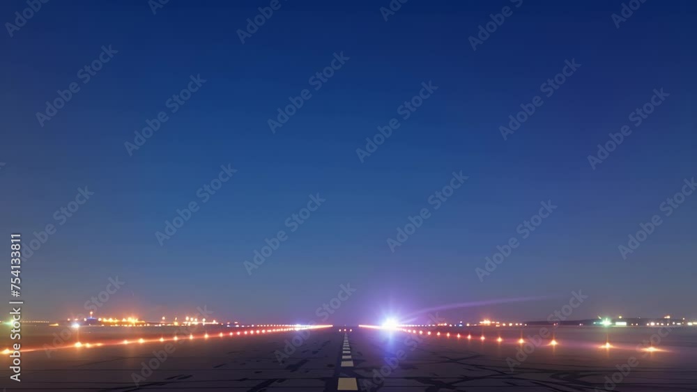The glow of runway lights guiding planes towards the sky creating a mesmerizing contrast against the vast blanket of stars above. The glow of runway lights guiding planes towards the sky creating a mesmerizing contrast against the vast blanket of stars above.
