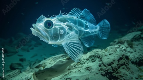 Alien-like deep-sea fish with translucent skin near a hydrothermal vent