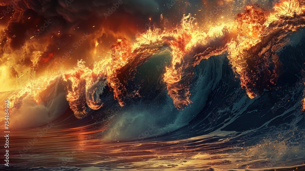 Collision of raging sea waves with flames, Abstract futuristic background, Fire-sea element