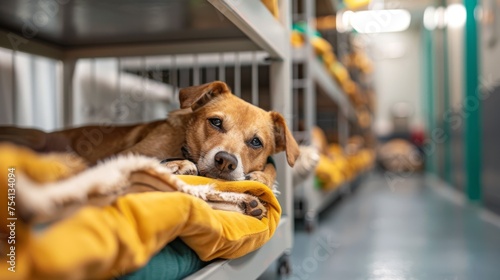 Recovery room in an animal clinic with pets resting in individual kennels