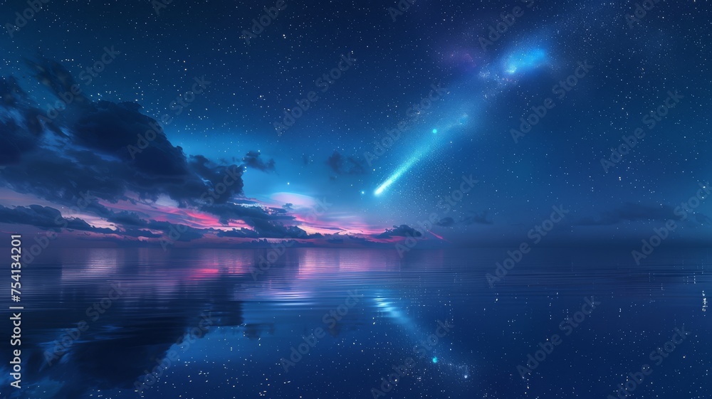 A breathtaking comet illuminating the sky above a calm ocean, its reflection shimmering in the water - obrazy, fototapety, plakaty 