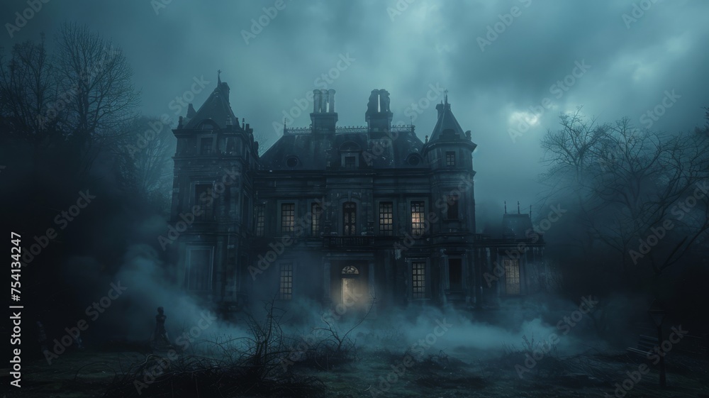 A dark, abandoned mansion enveloped in thick fog, with faint ghostly figures in the windows